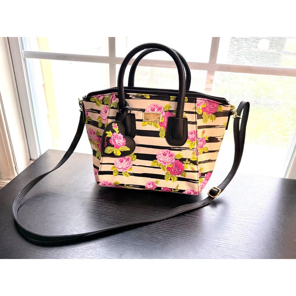 Luv Betsey by Betsey Johnson Naomi Floral & Striped Satchel Crossbody Purse Bag